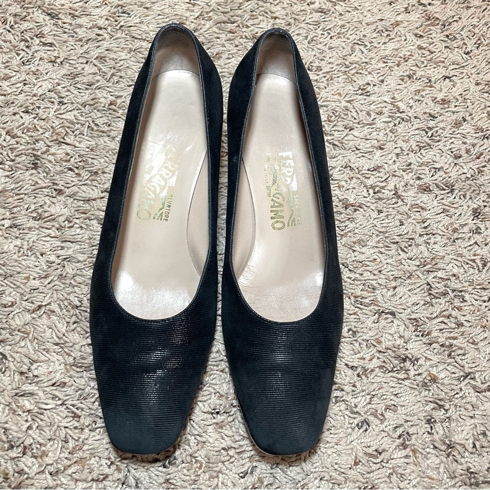 Salvatore Ferragamo Women's block heel Black Shimmer suede‎ leather pump 9.5